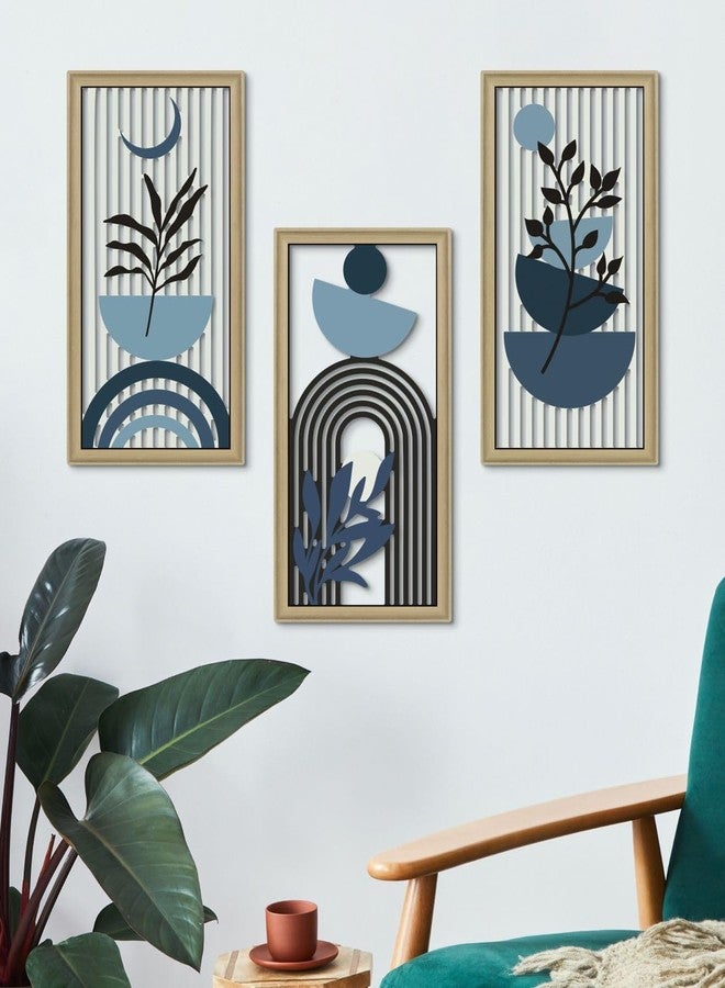 Putuo Decor Boho Abstract Wall Art, Set of 3, Modern Botanical Wooden Wall Decor, Blue Mid-Century Minimalist Framed Artwork for Living Room Bedroom, Office - Image 4